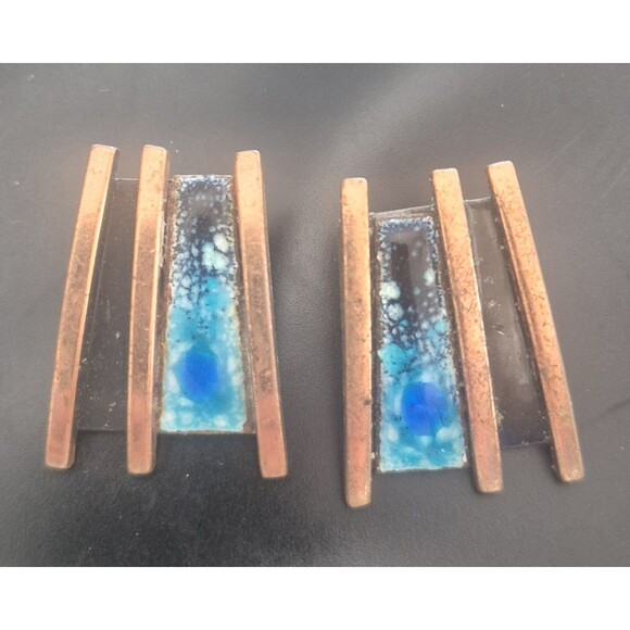 Renoir Matisse Copper Blue Enamel Clamper Bracelet Enamel Loss & Earrings Set - Picture 5 of 6